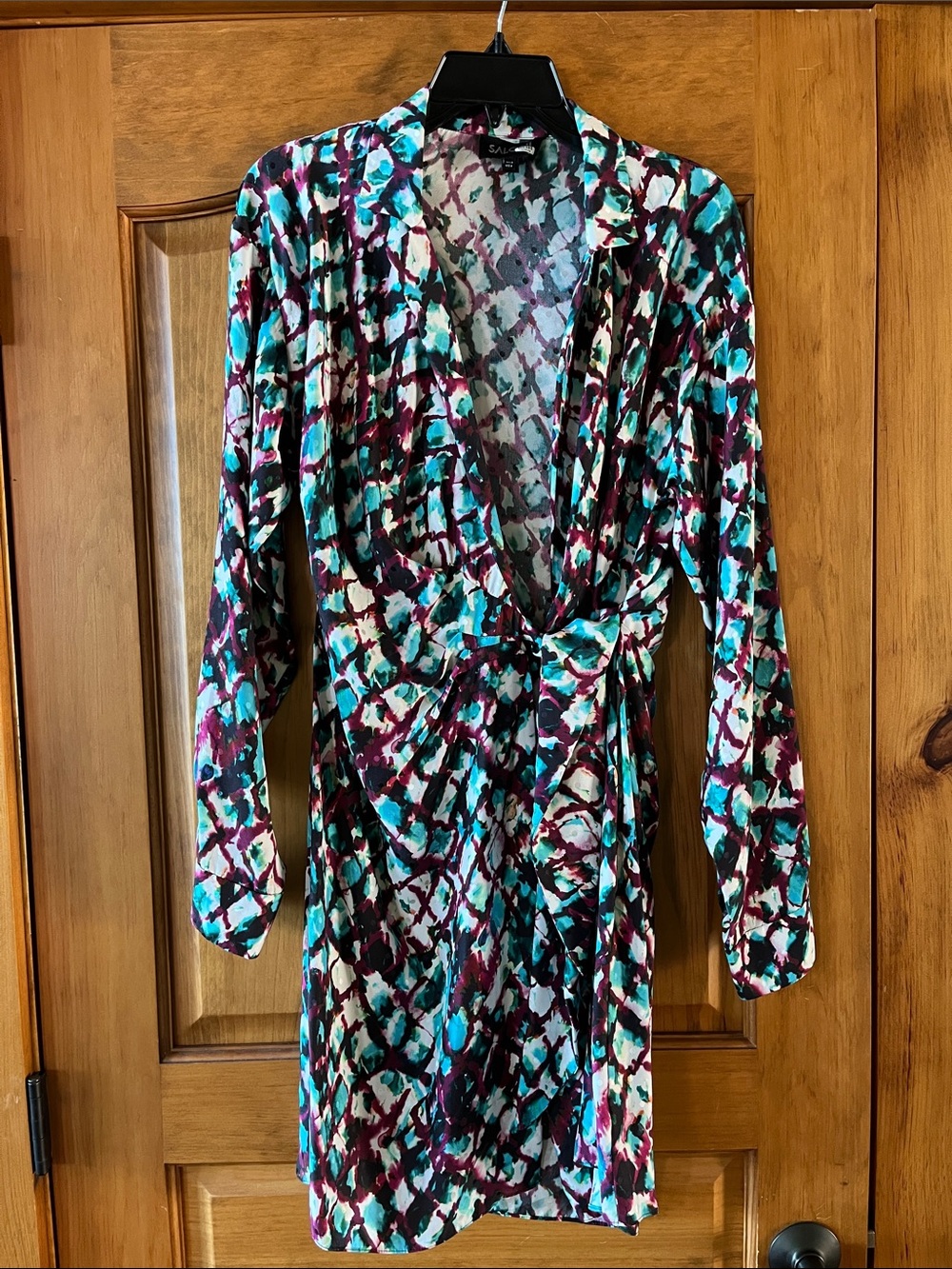 SALONI Teal, Plum & White Long Sleeve Wrap Dress